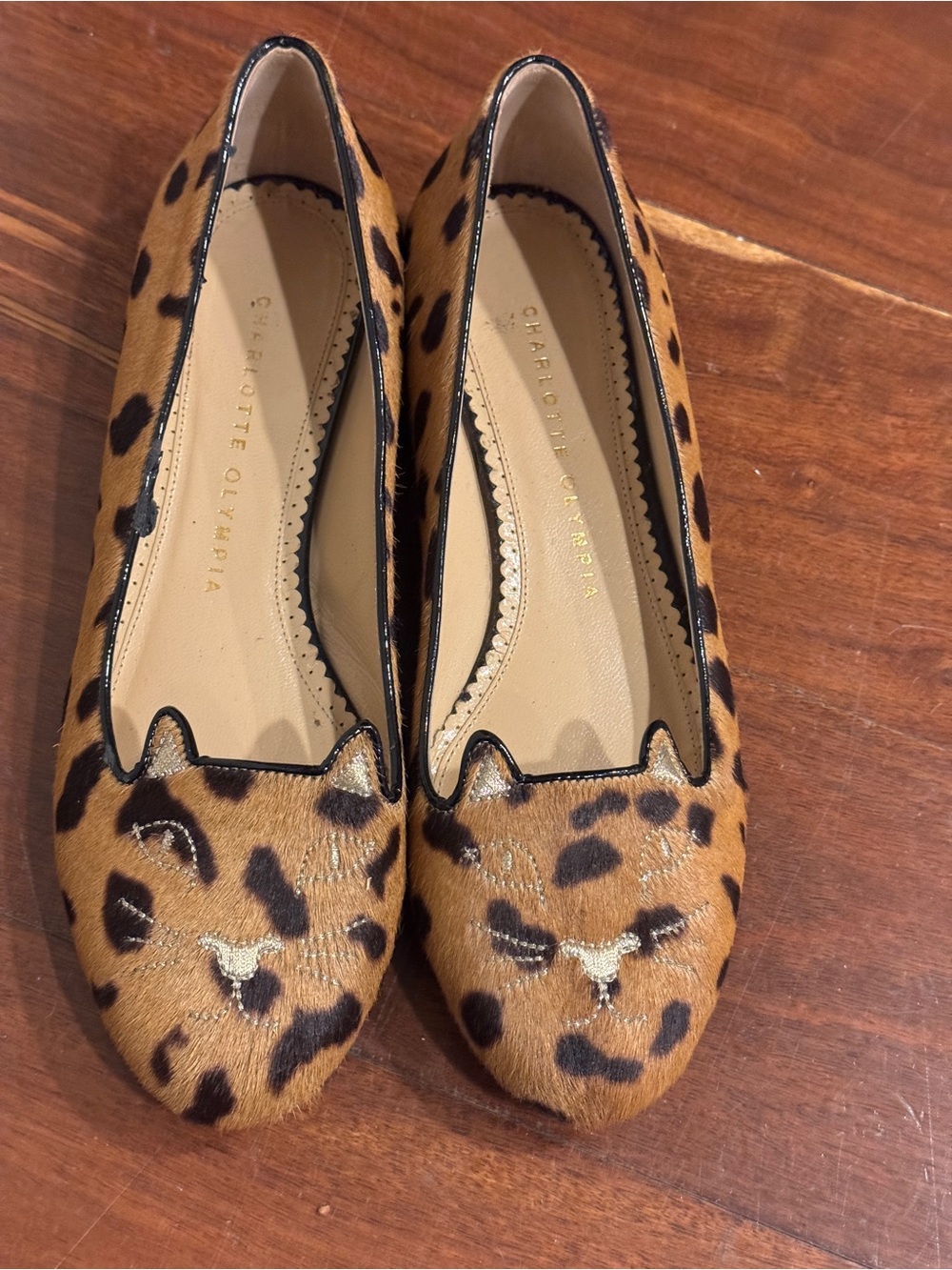 Charlotte Olympia Leopard Kitty Flats in Tan and Black